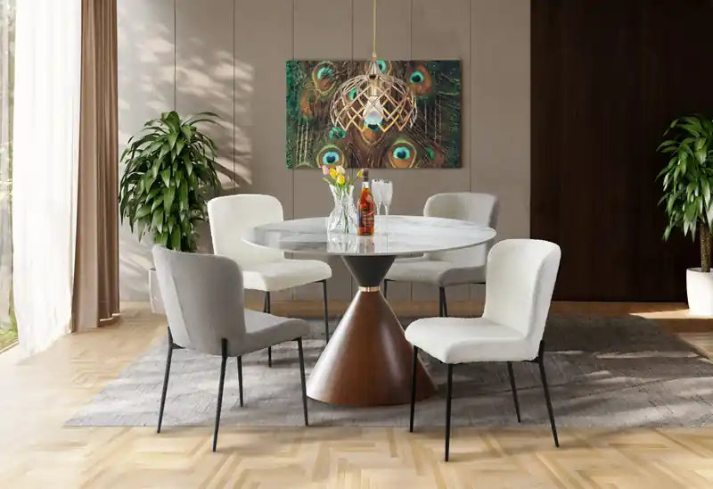 Dining Table with Sintered Stone Top, Hourglass Base with Gold Accent - 47.25W Round