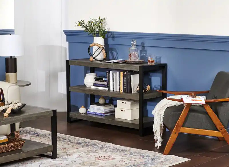 Apex 50 Modern Sofa Table with Shelf - Grey with Black Metal Legs
