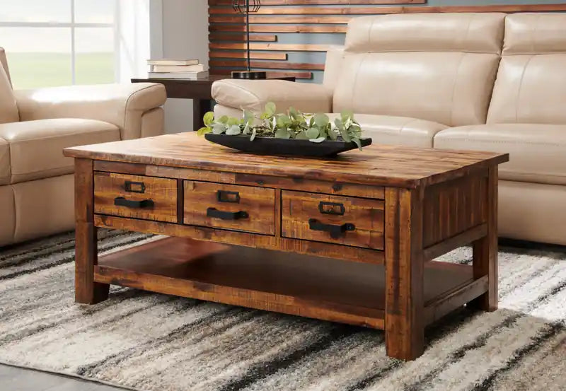 Casey 48 Rustic Coffee Table with Storage, Shelf and Casters - Brown Wood