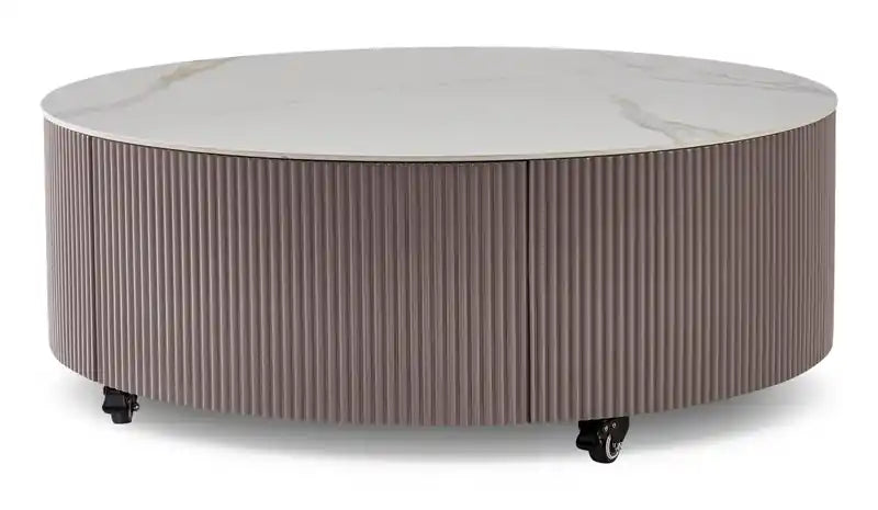 Circa 31.5 Modern Round Coffee Table with White Sintered Stone Top, Storage and Casters - Grey-Taupe