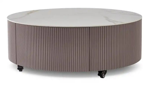 Circa 31.5 Modern Round Coffee Table with White Sintered Stone Top, Storage and Casters - Grey-Taupe
