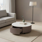31.5 Table basse ronde moderne avec plateau en pierre blanche, rangement et roulettes - Gris-taupe