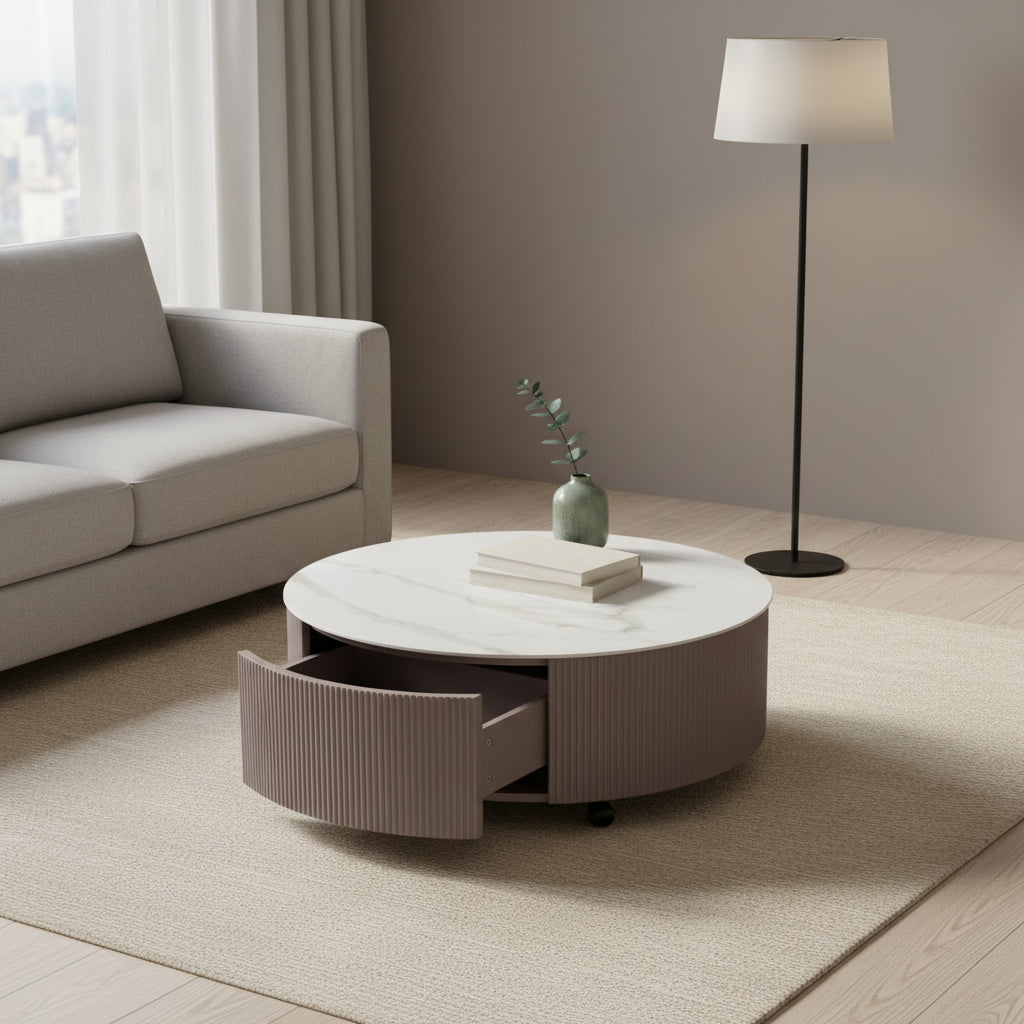 31.5 Modern Round Coffee Table with White Stone Top, Storage and Casters - Grey-Taupe