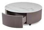 31.5 Table basse ronde moderne avec plateau en pierre blanche, rangement et roulettes - Gris-taupe