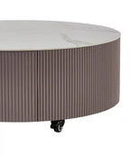 31.5 Table basse ronde moderne avec plateau en pierre blanche, rangement et roulettes - Gris-taupe