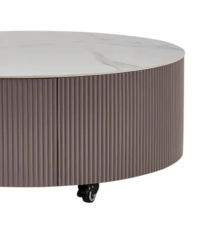 31.5 Modern Round Coffee Table with White Stone Top, Storage and Casters - Grey-Taupe
