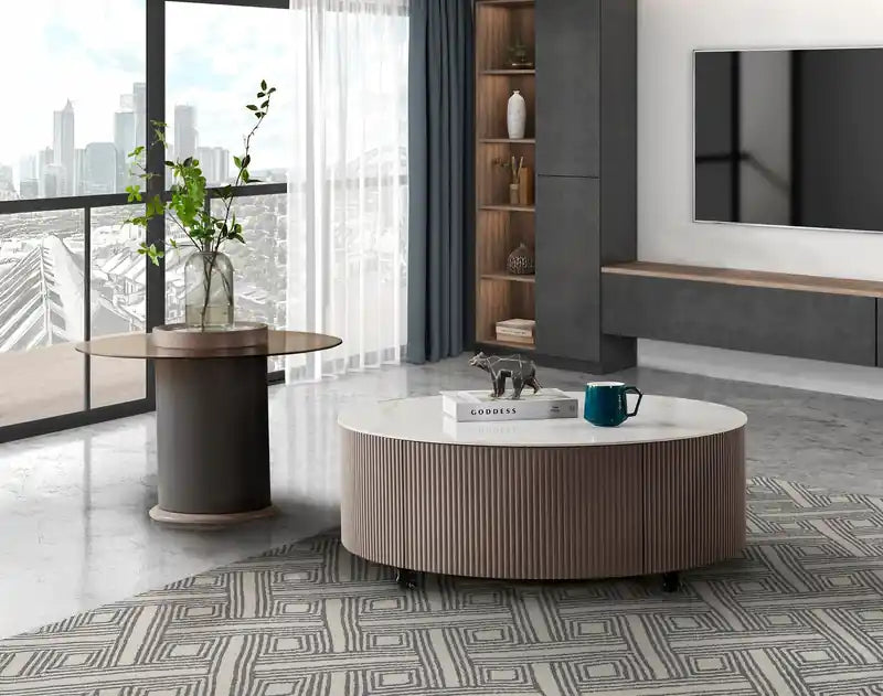 31.5 Modern Round Coffee Table with White Stone Top, Storage and Casters - Grey-Taupe