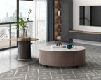 31.5 Table basse ronde moderne avec plateau en pierre blanche, rangement et roulettes - Gris-taupe