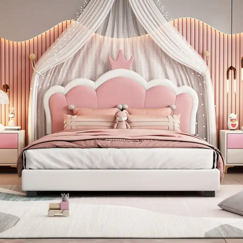 Judson Upholstered Princess Bed With Crown Headboard And Pu Platform Frame,full Size,cream Full Bed