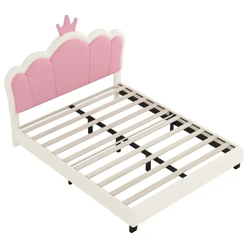 Judson Upholstered Princess Bed With Crown Headboard And Pu Platform Frame,full Size,cream Full Bed