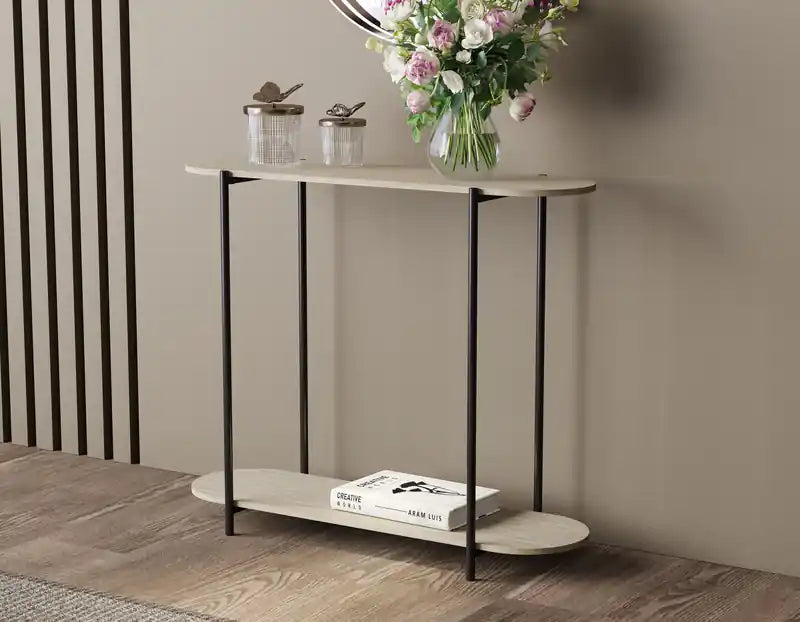 32 Oval Shape Console Table With 1 Storage Shelf - Natural Wood Look With Black Metal