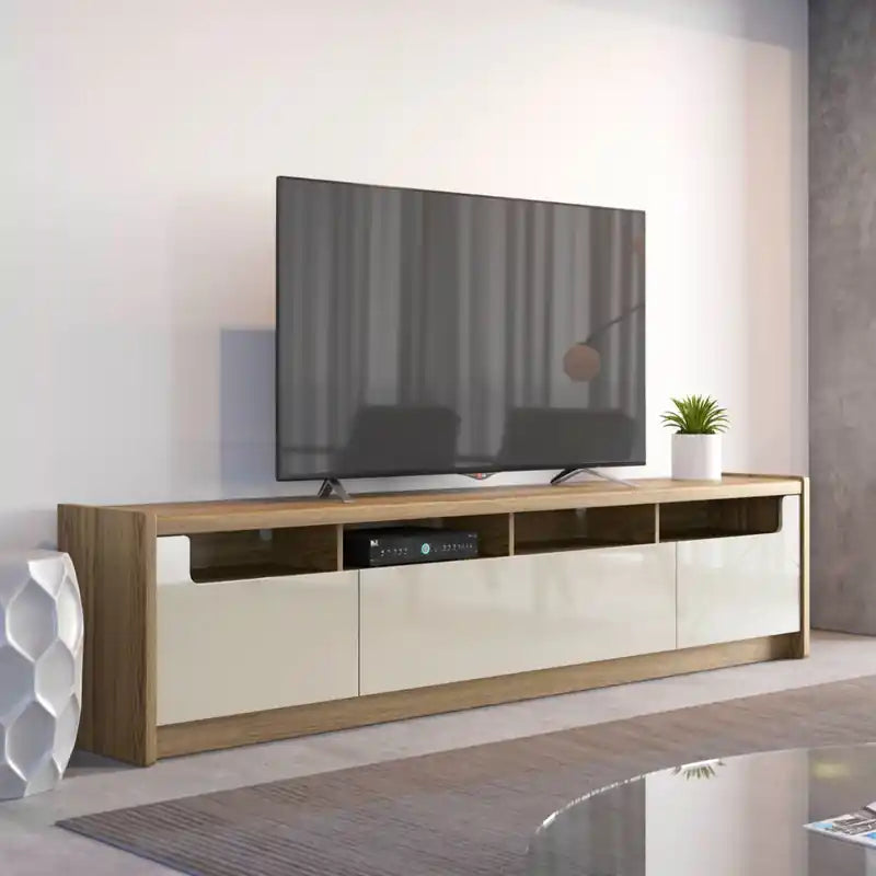 Manhattan Comfort Munoz 87.12 TV Stand with Three Compartments & Media Shelves - Off White Gloss