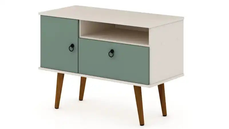 Manhattan Comfort Tribeca 35.43 Mid-Century Modern TV Stand with Solid Wood Legs - Off White & Gree