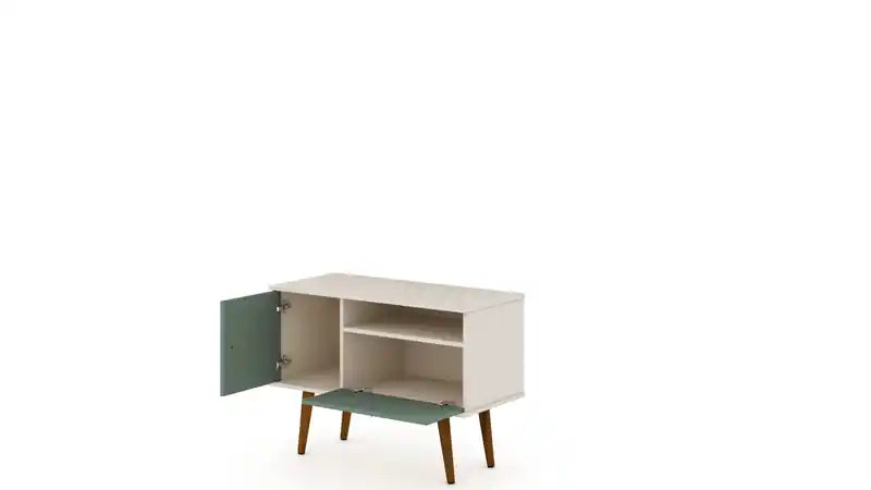 Manhattan Comfort Tribeca 35.43 Mid-Century Modern TV Stand with Solid Wood Legs - Off White & Gree