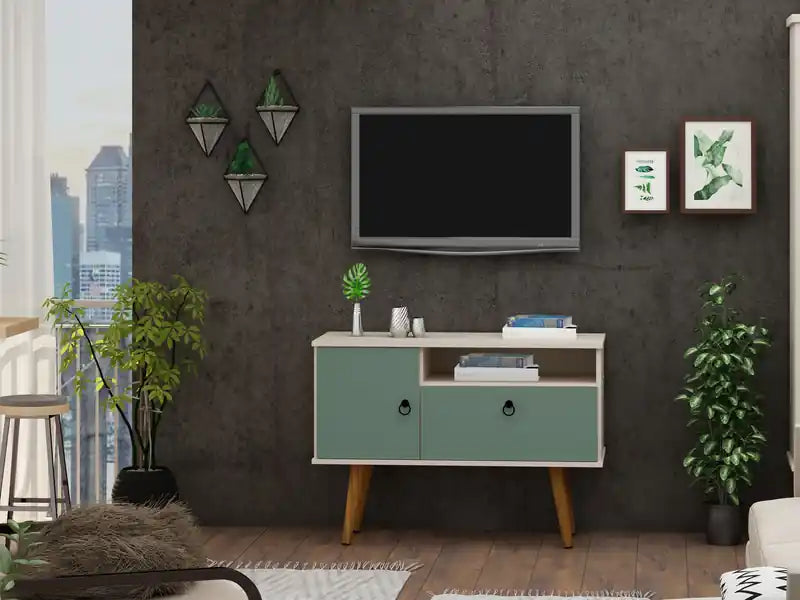 Manhattan Comfort Tribeca 35.43 Mid-Century Modern TV Stand with Solid Wood Legs - Off White & Gree
