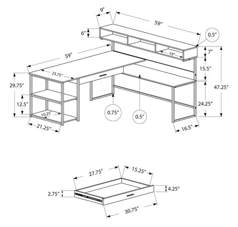 Oaklee 59 L-Shaped Corner Office Desk with Hutch