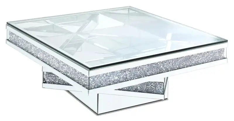 Rosie 39 Glam Mirror & Glass Top Coffee Table - Silver Metal with Diamond Look Legs