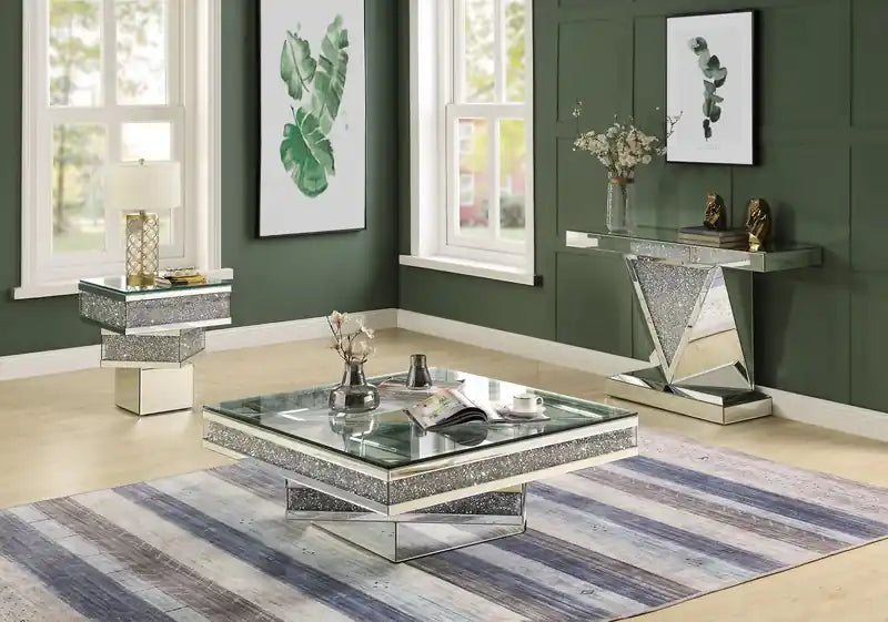 Rosie 39 Glam Mirror & Glass Top Coffee Table - Silver Metal with Diamond Look Legs