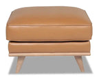 Pouf en cuir véritable avec base en bois