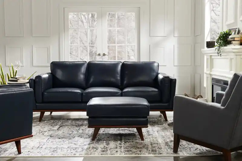 Vivia 28 Genuine Leather Ottoman with Wood Base