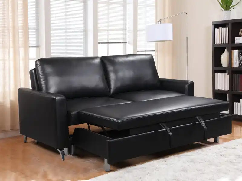 Wilson 77.5 Leather-Look Fabric Sleeper Sofa with Drop-Down Back Cushions and Metal Legs
