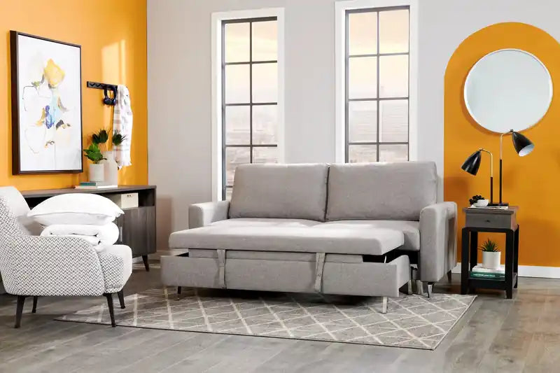 Wilson 77.5 Leather-Look Fabric Sleeper Sofa with Drop-Down Back Cushions and Metal Legs