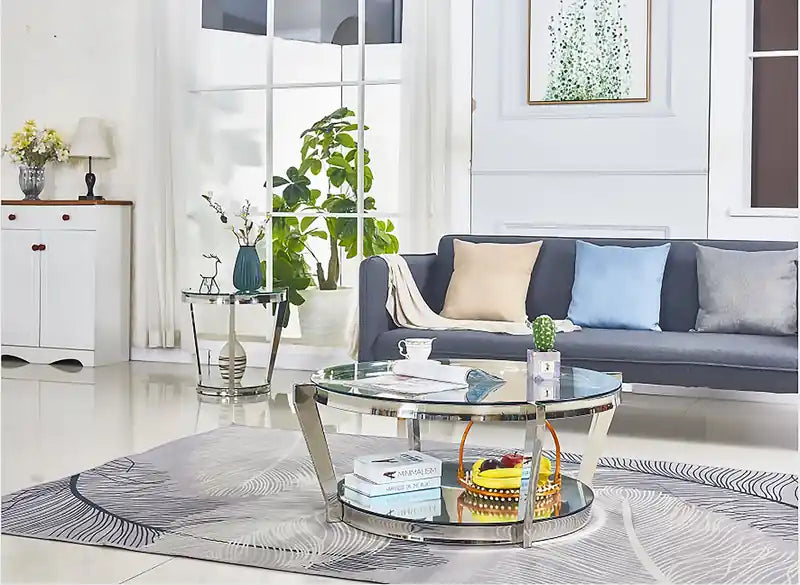 Yonge 22 Modern Round Glass Top End Table with Shelf - Chrome Finish with Stainless Steel
