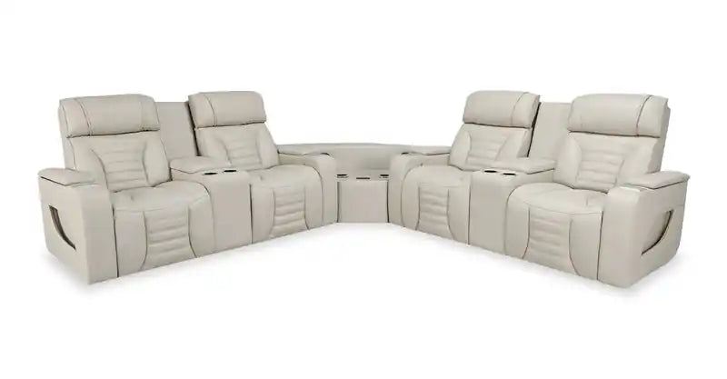 Zen 3-Piece Leather-Look Fabric Power Reclining Sectional with Massage and Two Refrigerator Consoles - Apricot