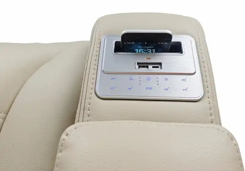 Zen 3-Piece Leather-Look Fabric Power Reclining Sectional with Massage and Two Refrigerator Consoles - Apricot